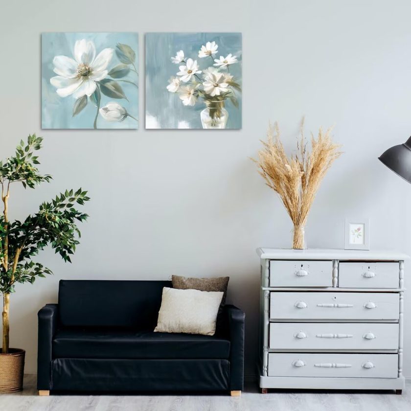 White Flower Wall Art Floral in Vase Canvas Wall Decor Nature Plant Abstract Picture Print Wall Art Posters Decorative Artwork for Living Room Bedroom (12" x 12" x2) - Image 2