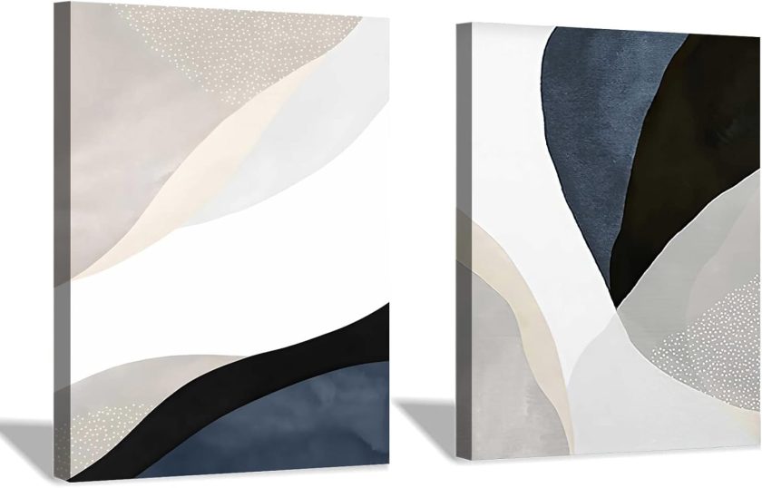 Black White and Beige Abstract Wall Art Mid Century Modern Boho Prints Blue Grey Abstract Painting Abstract Geometric Poster Minimalist Boho Pictures Color Block Canvas Prints Art 16x24inchx2 No Frame