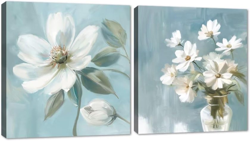 White Flower Wall Art Floral in Vase Canvas Wall Decor Nature Plant Abstract Picture Print Wall Art Posters Decorative Artwork for Living Room Bedroom (12" x 12" x2)