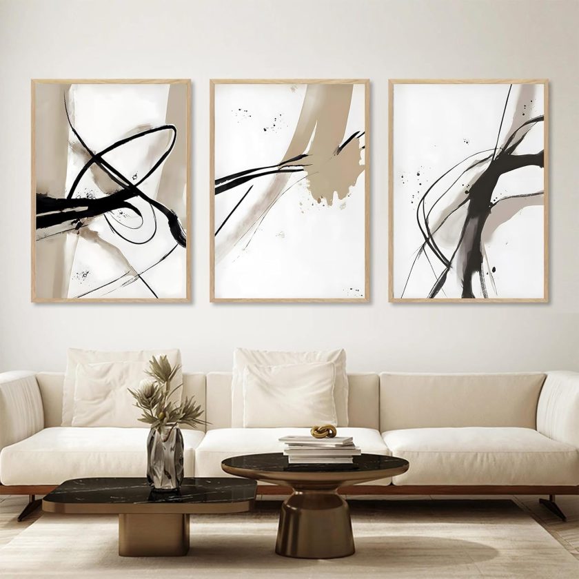 Black And Beige Abstract Canvas Wall Art Neutral Abstract Prints Abstract Minimalist Painting Abstract Line Art Posters Brown Black And Beige Picture Neutral Artwork For Walls Decor 16x24inchx3 No