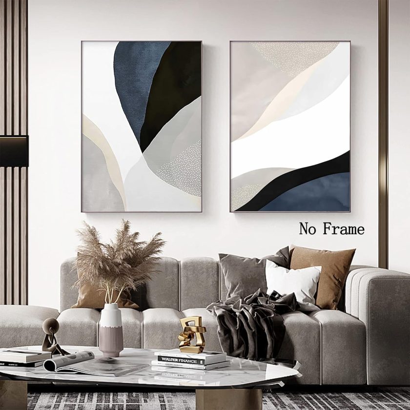 Black White and Beige Abstract Wall Art Mid Century Modern Boho Prints Blue Grey Abstract Painting Abstract Geometric Poster Minimalist Boho Pictures Color Block Canvas Prints Art 16x24inchx2 No Frame - Image 2
