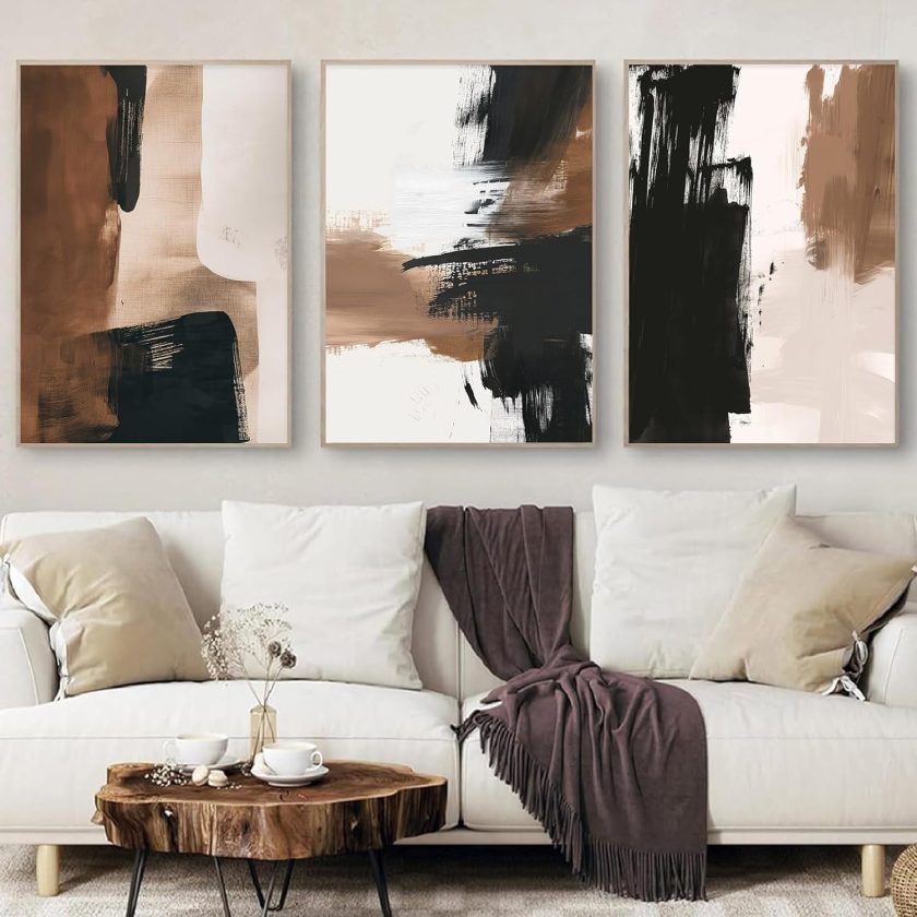 Black and Brown Abstract Wall Art Brown Abstract Pictures Modern Neutral Wall Art Black and Terracotta Picture Modern Minimalist Painting for Living Room Bedroom 16x24inchx3pcs No Frame