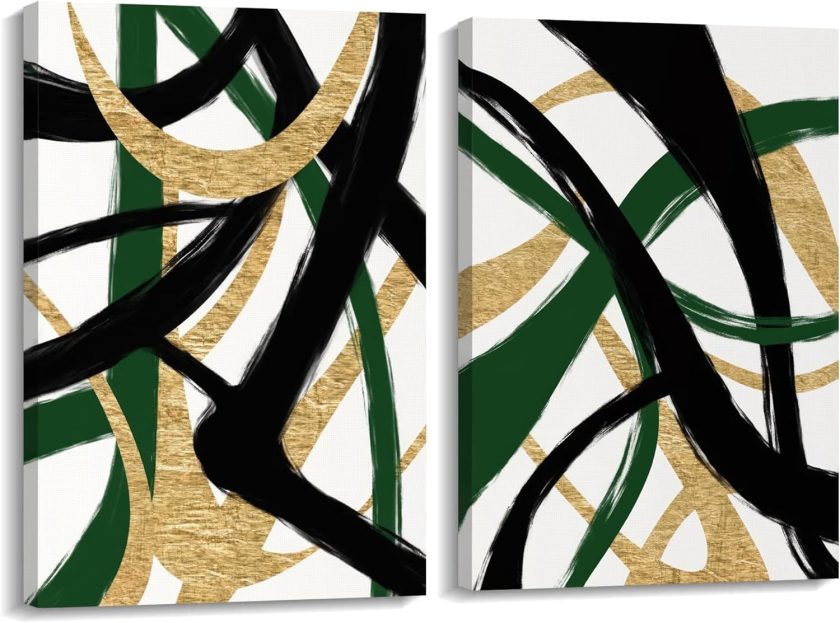 Black Gold and Green Wall Art, Abstract Stripes Canvas Poster Print, Modern Simple Geometric Wall Decor for Living Room Bedroom Office Decorative Painting Wood Frame 16" x 24" x 2