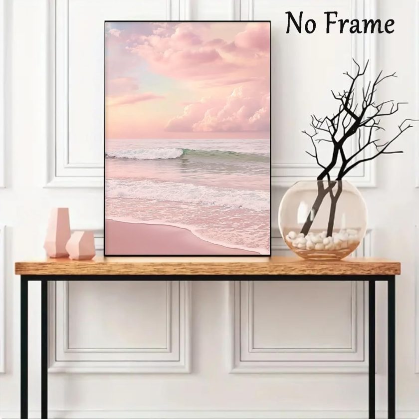 Pink Beach Canvas Wall Art Ocean Waves Picture Pink Modern Coastal Prints Sunset Beach Canvas Wall Art Sea Landscape Print Modern Seascape Art Painting Sunrise Ocean Poster Prints 16x24in No Frame - Image 2