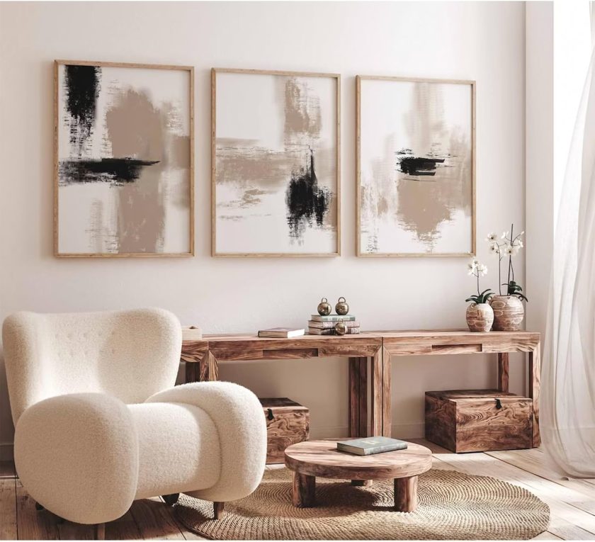 Beige Abstract Wall Art Painting Set of 3 Neutral Canvas Wall Art Prints Black Beige Modern Wall Decor Minimalist Art Pictures Abstract Modern Artwork for Room Bedroom 16x24 Inch Unframed