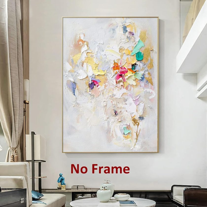 Modern Wall Art, 16x24in Frameless Abstract Painting, White Texture Art, Colorful Yellow Pink and Green, Decorative Wall Art for Living Room Bedroom - Image 2