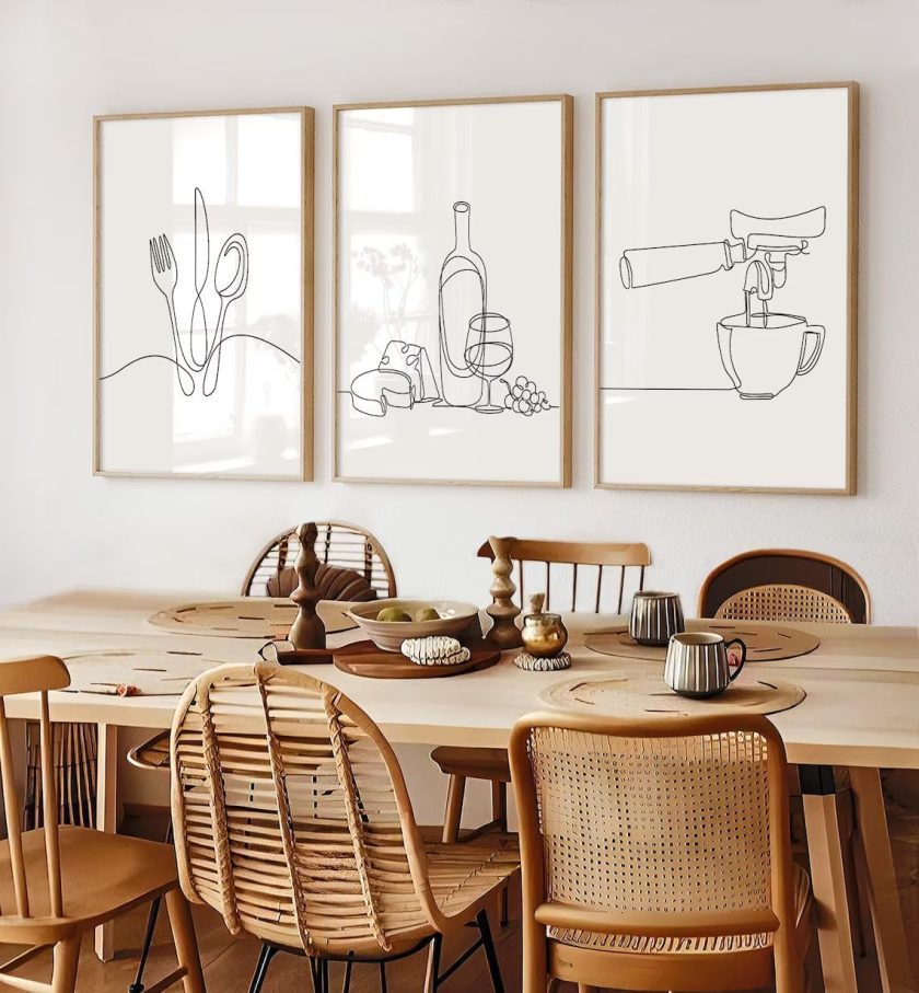 3Pcs Line Drawing Kitchen Wall Art, Modern Black White Minimalist Kitchen Abstract Line Art Posters Prints Dining Room Wall Decor Canvas Paintings Pictures Home Decoration, Unframed (line art, 16x24in