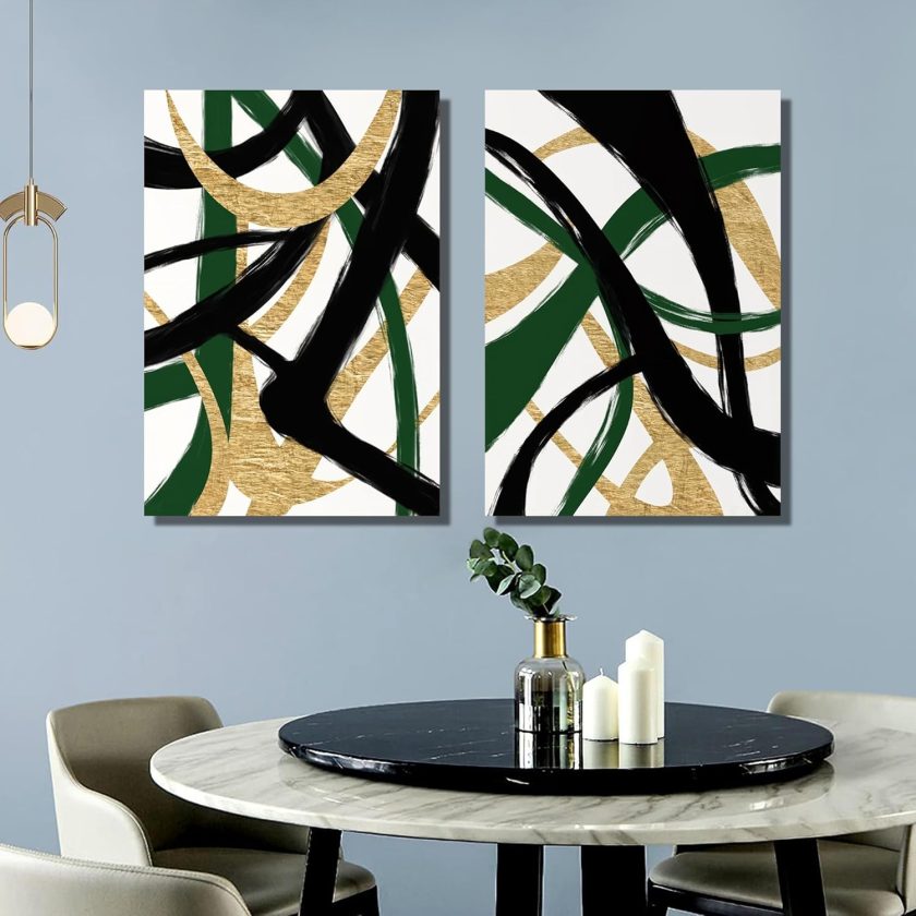 Black Gold and Green Wall Art, Abstract Stripes Canvas Poster Print, Modern Simple Geometric Wall Decor for Living Room Bedroom Office Decorative Painting Wood Frame 16" x 24" x 2 - Image 2