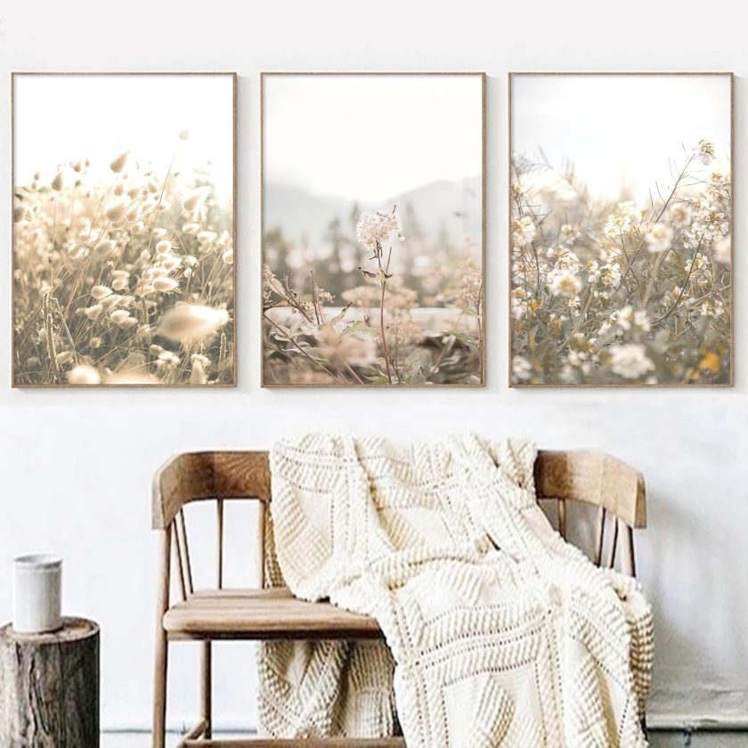 Beige Plant Flower Wall Art Pampas Grass Wall Canvas Beige Flower Picture Nature Plant Paintings Dried Flower Prints Neutral Plant Wall Art Boho Floral Poster Pampas Grass Artwork 16x24inchx3 No Frame