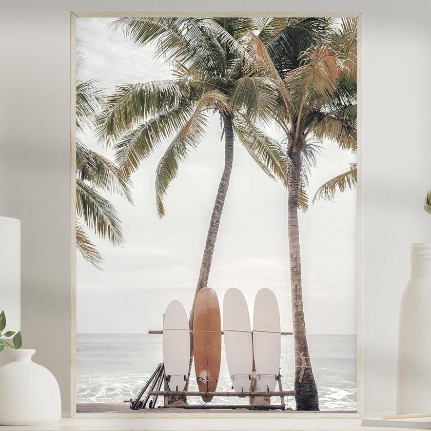 Beach Coastal Canvas Wall Art Beach Landscape Prints Beach Surfboard Pictures Wall Decor Beach Palm Tree Poster Boho Beach Wall Art Beach Surf Prints Surf Artwork Coastal Landscape Painting No Frame