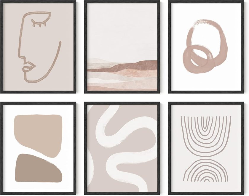 Frameable Beige Boho Art Wall Decor - Set of 6 Neutral Mid Century Modern Wall Art, Minimalist Wall Art, Neutral Wall Decor, Beige Boho Posters for Room Aesthetic (Unframed 8x10)