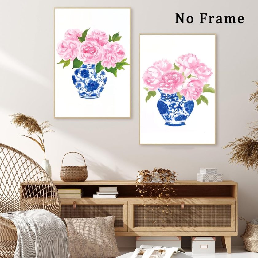 Chinoiserie Wall Art Blue and White Chinoiserie Porcelain Pictures Flower Vase Canvas Pink Floral Watercolor Art Blue and White Vase Wall Art Watercolor Peony Art Prints for Home 16x24inchx2 Frameless - Image 2