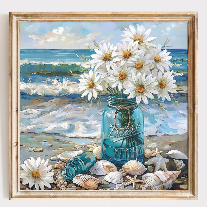 Beach Shell Wall Art Flowers In Vase Artwork daisy poster Sea Shell Art Modern Abstract Coastal Picture Seascape Painting Blue Sea Poster Abstract Seascape Prints Beach Wall Art 16x16inch No Frame