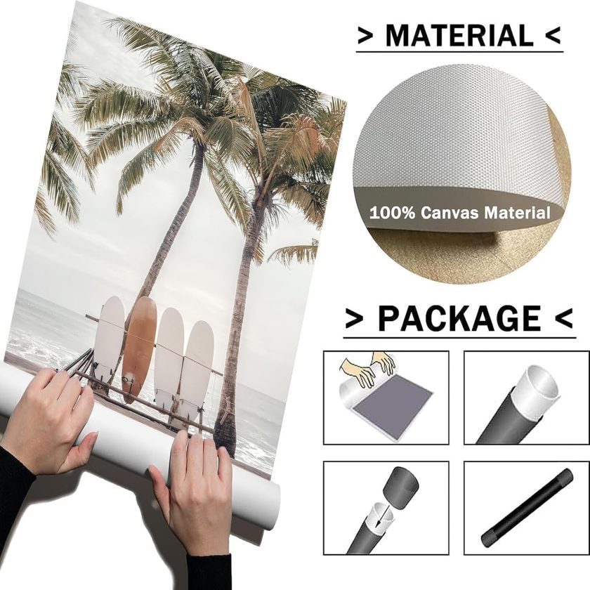 Beach Coastal Canvas Wall Art Beach Landscape Prints Beach Surfboard Pictures Wall Decor Beach Palm Tree Poster Boho Beach Wall Art Beach Surf Prints Surf Artwork Coastal Landscape Painting No Frame - Image 2