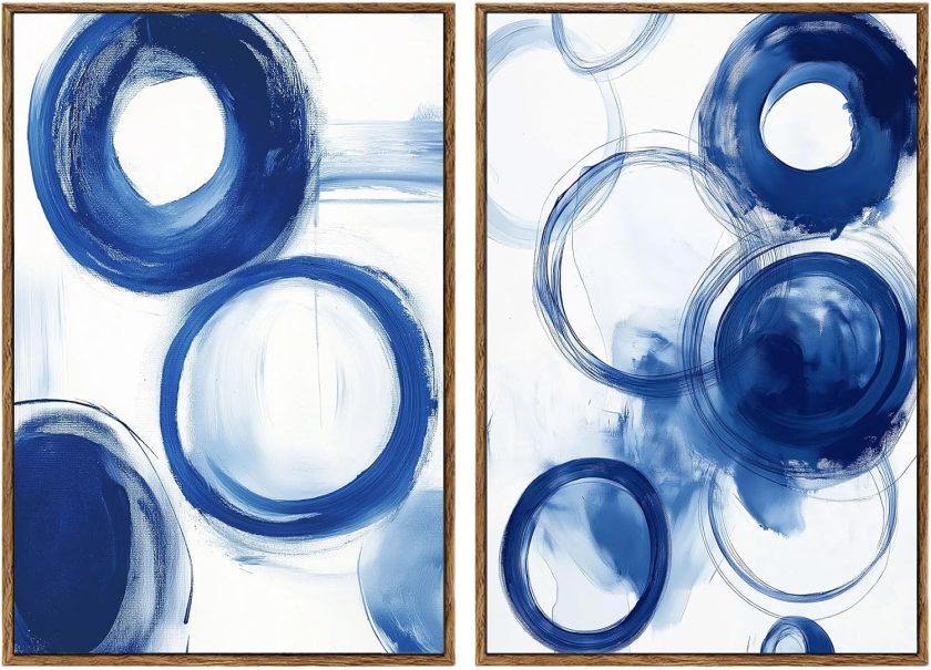 Abstract Blue And White Canvas Wall Art Abstract Geometric Painting Minimalist Blue White Art Modern Blue And White Artwork Blue Abstract Watercolor Wall Art Blue Circle Painting 16x24inchx2 Frameless