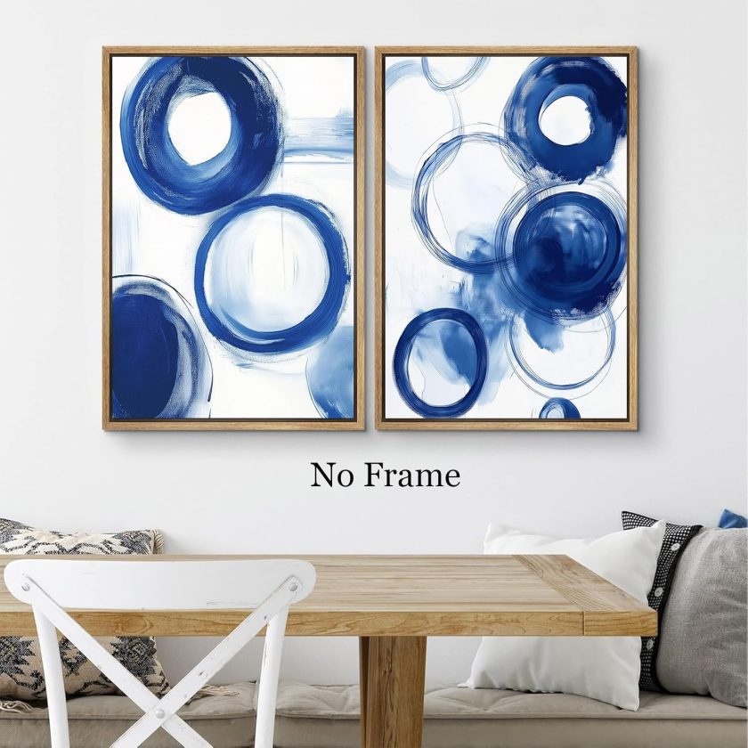 Abstract Blue And White Canvas Wall Art Abstract Geometric Painting Minimalist Blue White Art Modern Blue And White Artwork Blue Abstract Watercolor Wall Art Blue Circle Painting 16x24inchx2 Frameless - Image 2