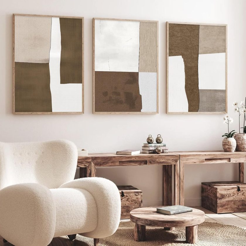 Brown and Beige Abstract Wall Art Minimalist Abstract Painting Brown Neutral Wall Art Beige and Brown Abstract Painting Color Block Poster Print Brown Beige and White Wall Art 16x24inchx3PCS No Frame