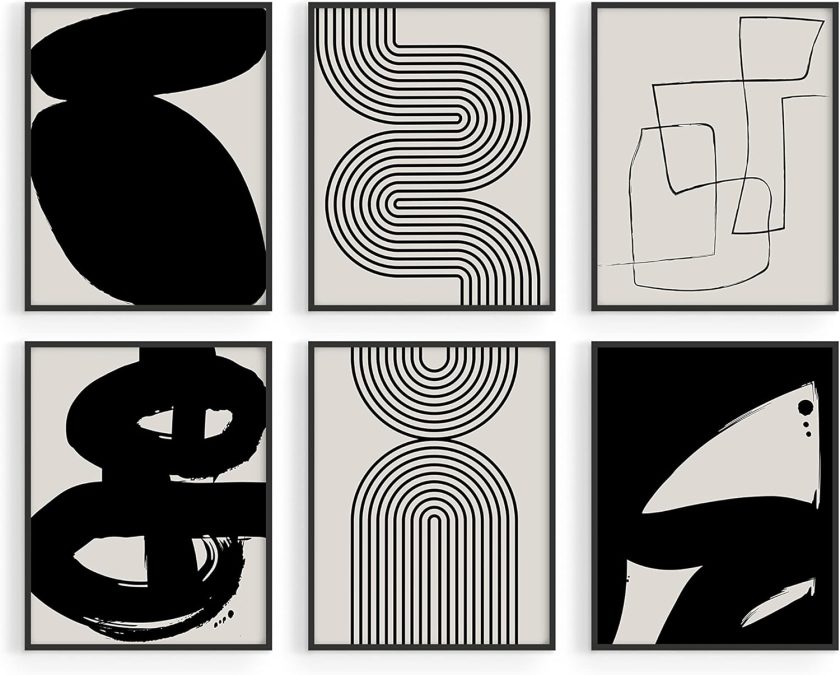 Black Abstract Painting Aesthetic - Set of 6, Modern Abstract, Black and Gray, One Line Abstract Art, Geometric Print, Minimalist wall art (8" x 10", UNFRAMED)
