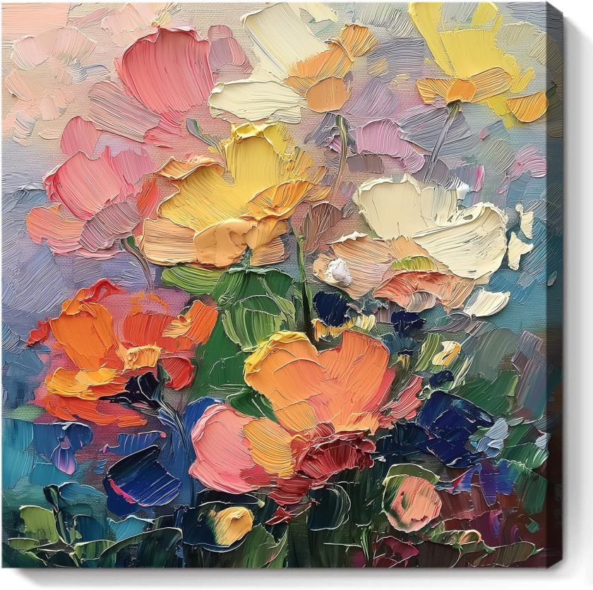 Colorful Flower Wall Art Yellow Orange Wildflower Painting Botanical Picture Floral Poster Daisy Flower Oil Painting On Canvas Abstract Nature Botanical Poster Modern Colorful Art 16x16inch Frameless